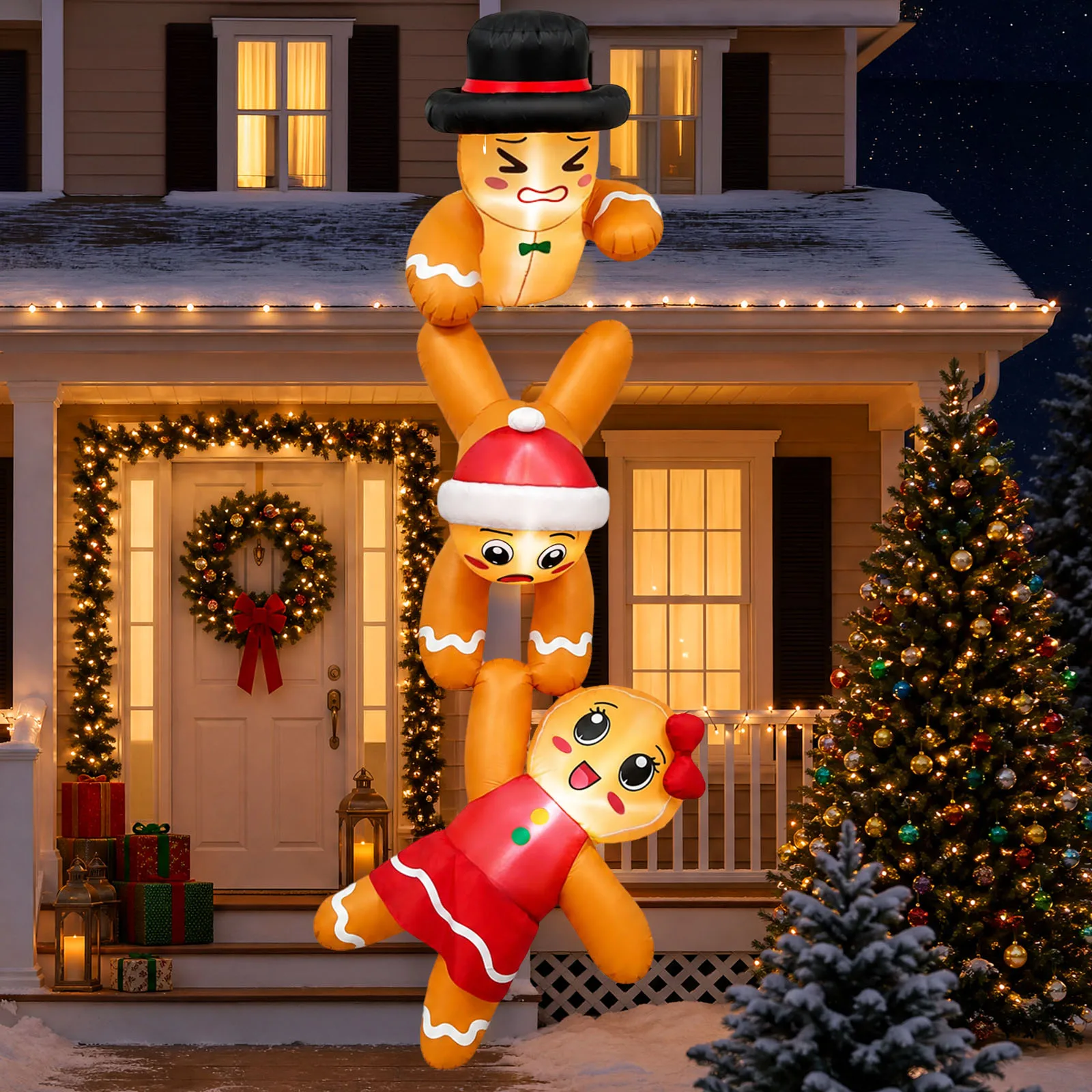 12FT Climbing Triple Gingerbread Christmas Inflatable, LED Lights, 210T Fabric Blow Up for Roof Tree Eaves Yard