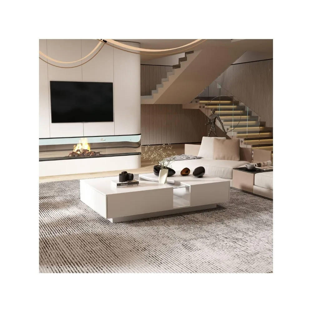 

Modern Coffee Table with Lights & Glass Tabletop, Living Room Coffee Table with 2 Drawers, Central Table with Storage, White