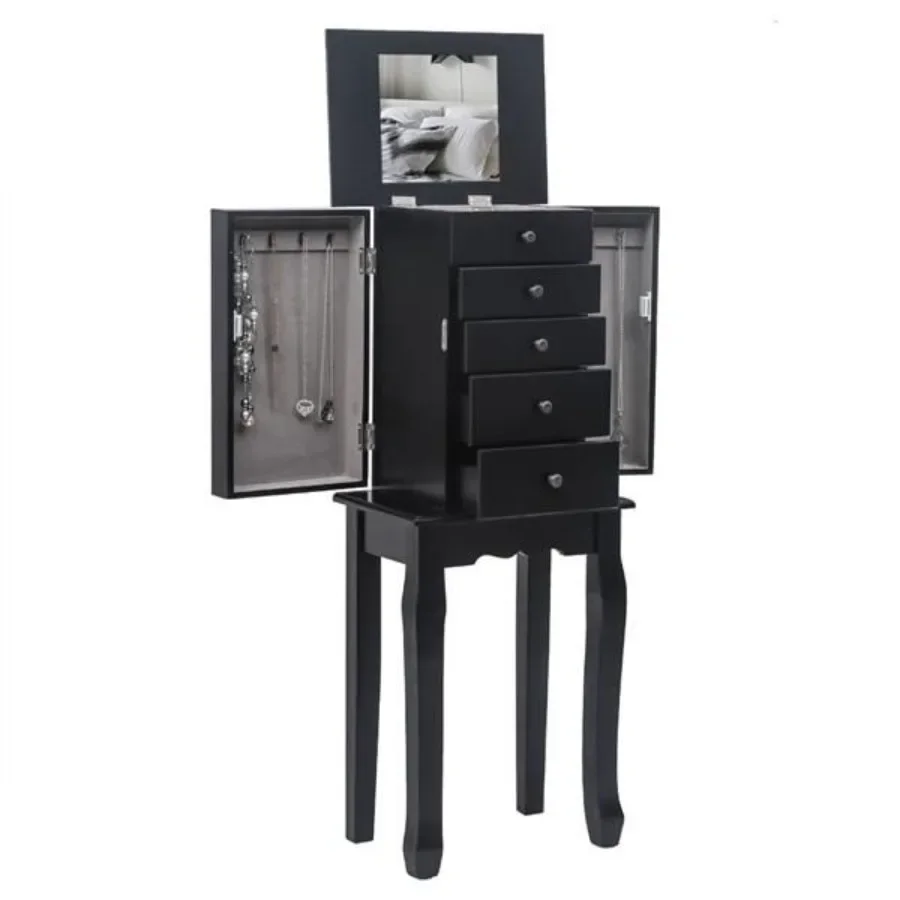 

Standing Jewelry Armoire with Mirror 5 Drawers 6 Necklace Hooks Jewelry Cabinet Chest with Top Storage Organizer 2 Side Swing D