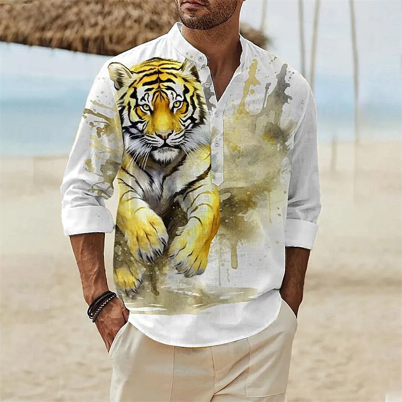 Men\'s casual henley shirt v-neck tiger seaside Hawaiian men\'s tops autumn and winter men\'s new tops soft and comfortable