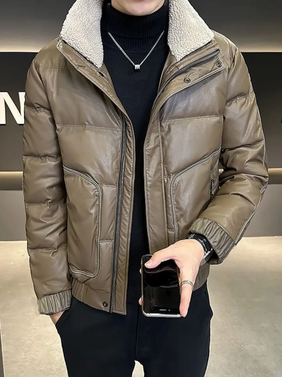 

Men's Thiened PU Leather down Cotton Jaet Winter Coat with Fur Collar Faionable Brand New 2025 Warm Long Sve Top
