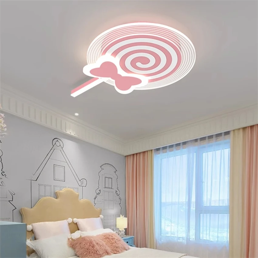 Cartoon pink lollipop ceiling lights modern kids room princess room lamp bedroom led dimming ceiling lamps deco fixtures