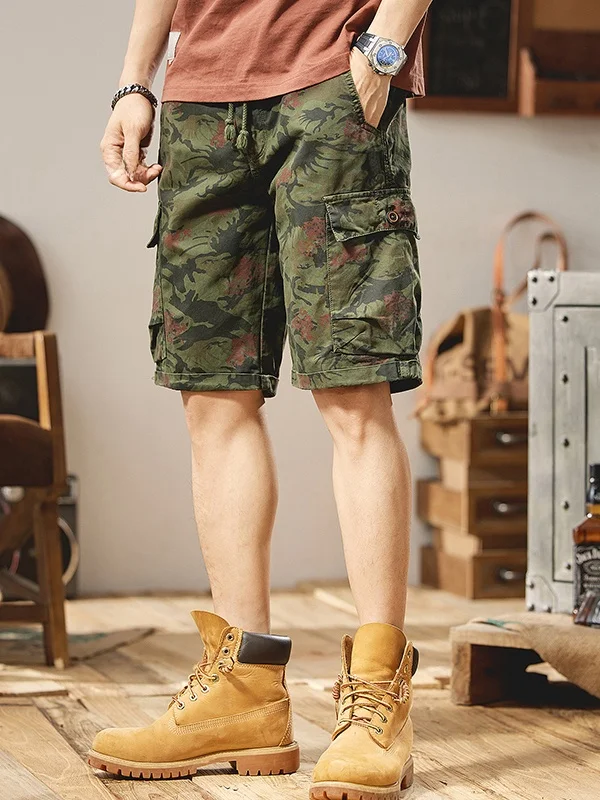 

Лето 202, мужская рабочая одежда из чистого хлопка, повседневные брюки длиной пятиступенчатой длины с цветочным принтом, прямые брюки со средней талией, туристические брюки