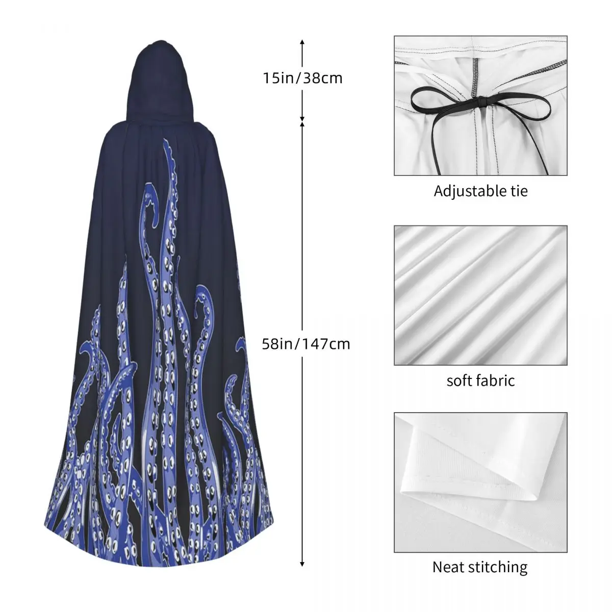 الأخطبوط مخالب الإطار الأزرق الداكن طويل مقنعين عباءة الساحرة القرون الوسطى زي تأثيري كيب هالوين مصاص دماء الكبار للجنسين