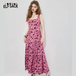 ELFSACK Pink Floral Slip Dresses Women 2023 Spring New Long Loose Casual Dress