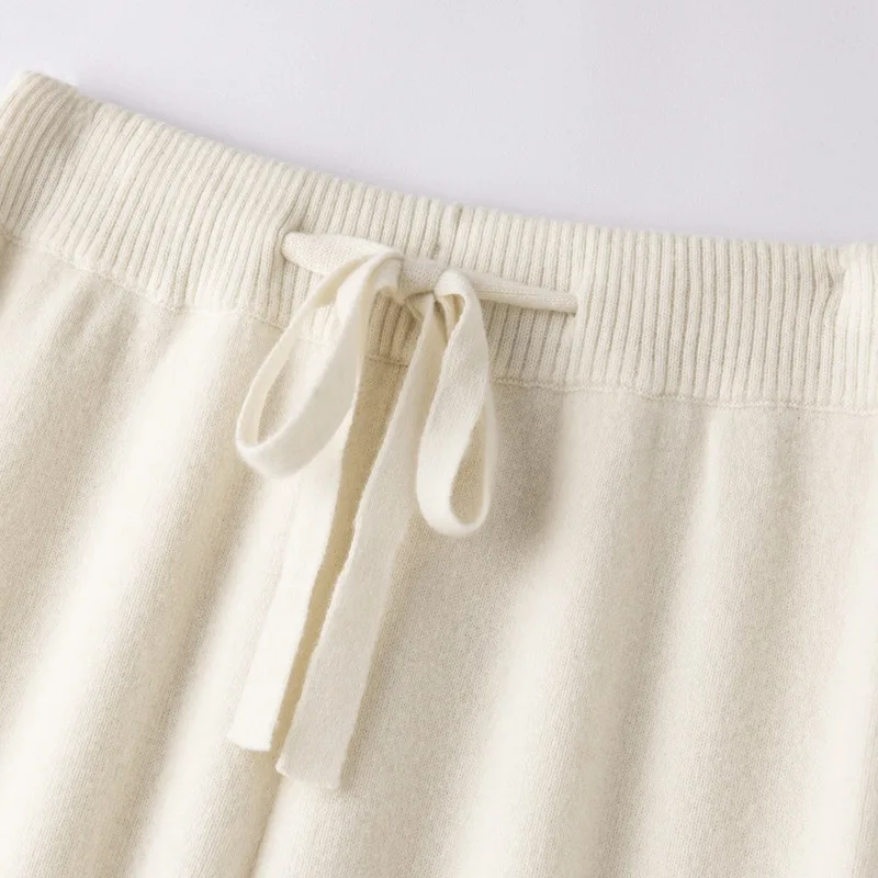 Pure Wool Wide-leg Pants  Women Autumn Winter Outerwear Straight-leg Pants with Cashmere Knitted Floor-length Pants Solid Color