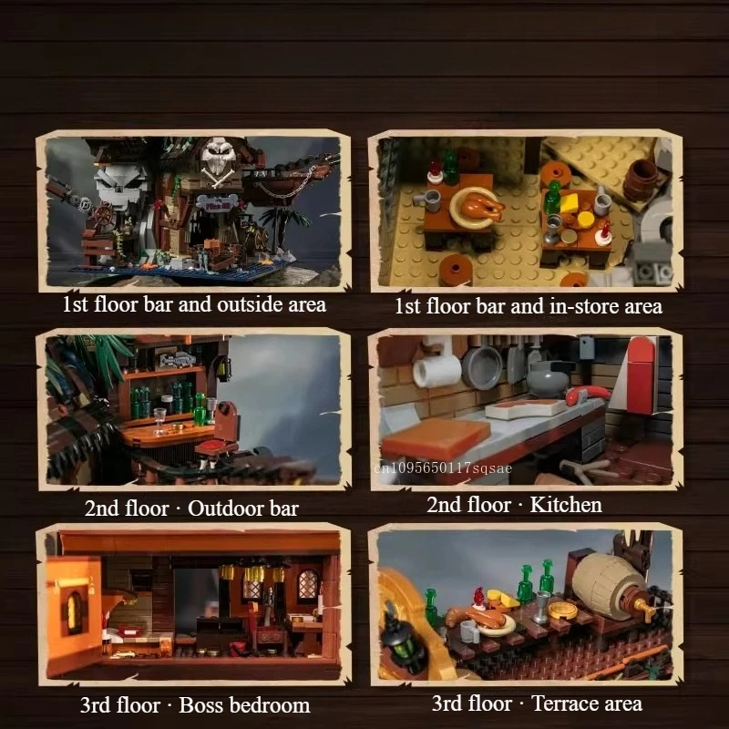 Blocs de construction de bateau Pirate, ensemble de magasin à thème de Bar Pirate, modèle de maison en bois d'aventure, jouet d'assemblage, ornement de bureau, cadeau pour enfants