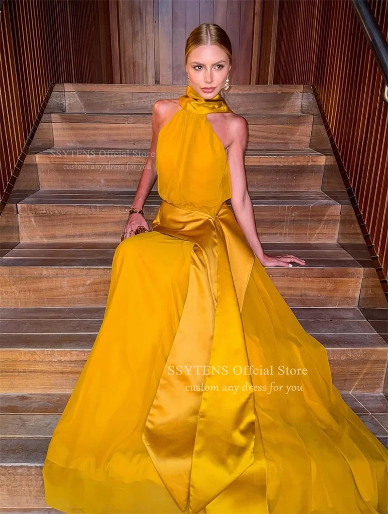 SSYTENS Halter amarillo una línea vestidos de graduación sin mangas vestidos de fiesta formales hasta el suelo vestido de noche vestidos de fiesta personalizados