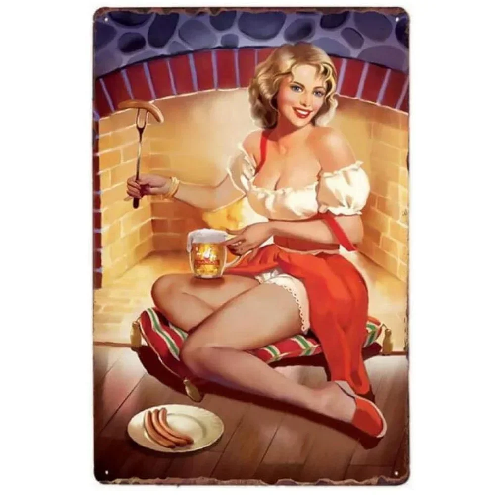 Pin-Up Girls Beer Metal Tin Sign Bar Decorations for Party Cheers Decor Aluminum Sign Wall Art Metal Poster for Man Cave Bar Pub