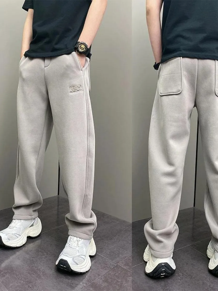

Warm Fce Lined Straight Leg Casual Pants Pure Color Spor New Arrival Youth Faionable Winter Trousers CleanFit Sle