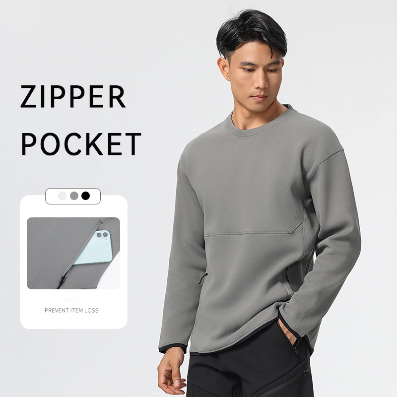 (S-3XL)Men Women Round Neck Long Sleeve Sport T-shirt Running Sweater with Zipper Pocket Autumn Winter All-match Fitness Shirt