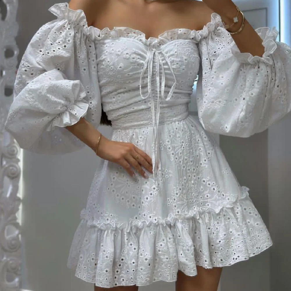 2024 Sexy Lantern Sleeve Hollow Out Embroidery White Bow Wood ears Slash Off Shoulder Mini Dress BOHO Holiday Robe