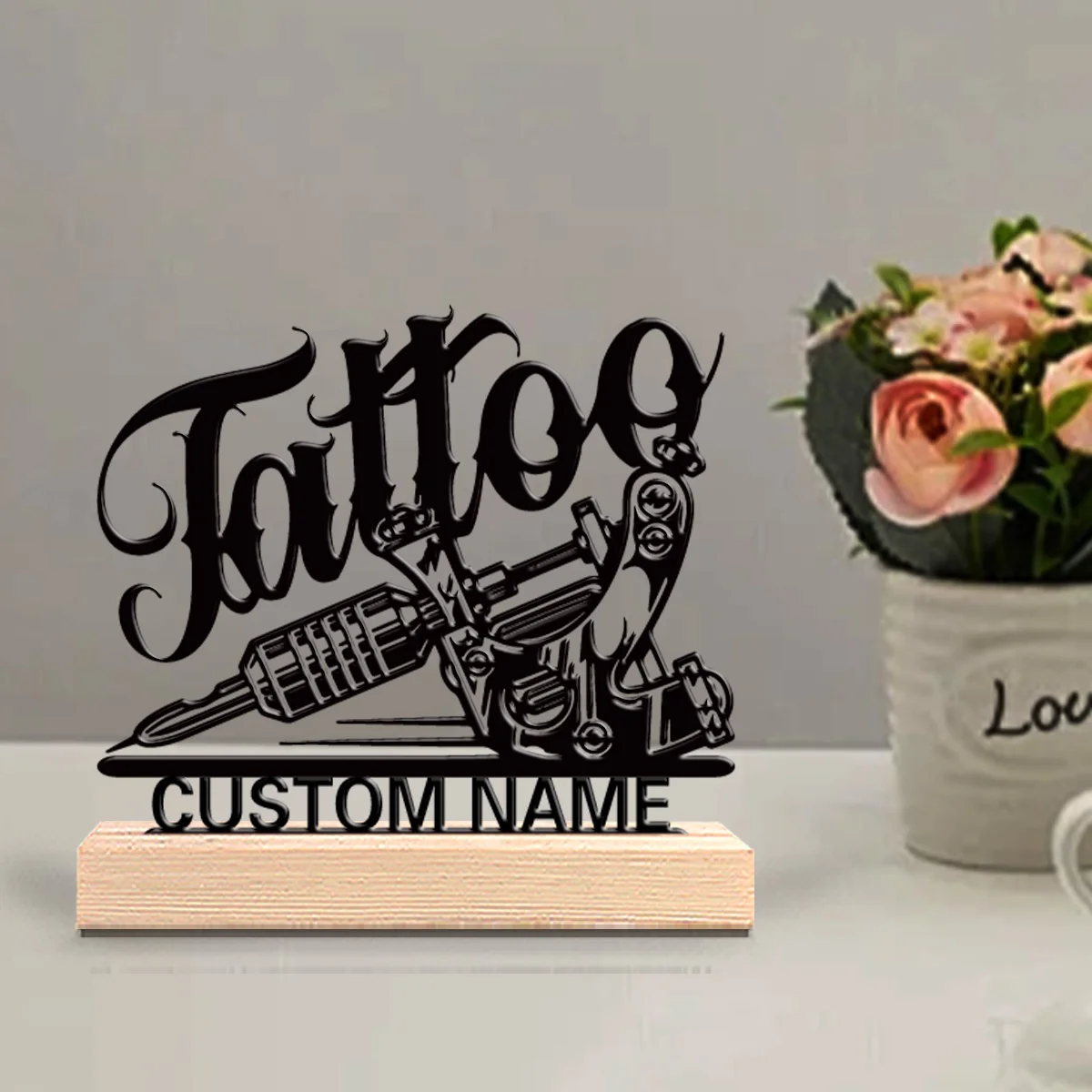 1pc Tattoo machine silhouette Customized Text Tin Statue Metal Ornament With Wood Base Metal Statue For Children Gifts