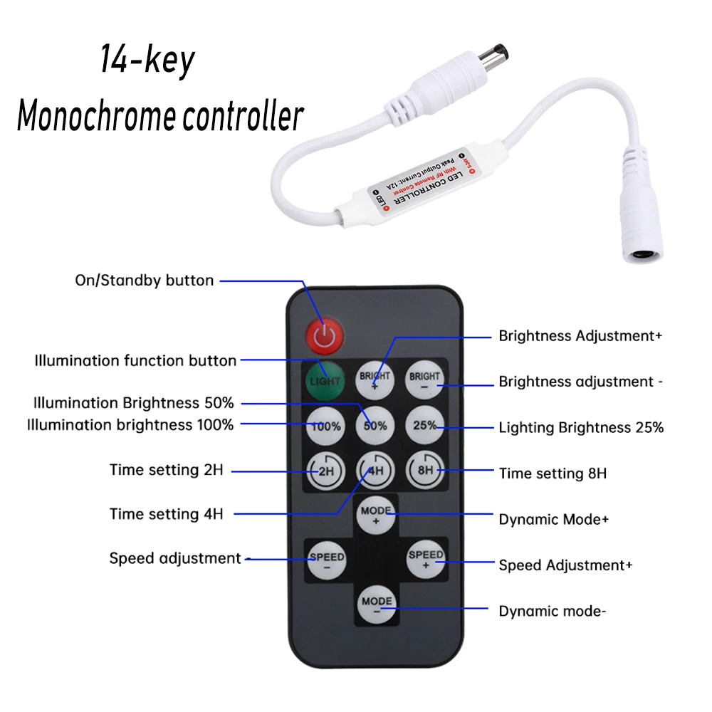 14 Keys Monochrome Remote Controller Intelligent DC Head RF Timer RGB for Running Light Strip LED Dimmer Controller 5-12V