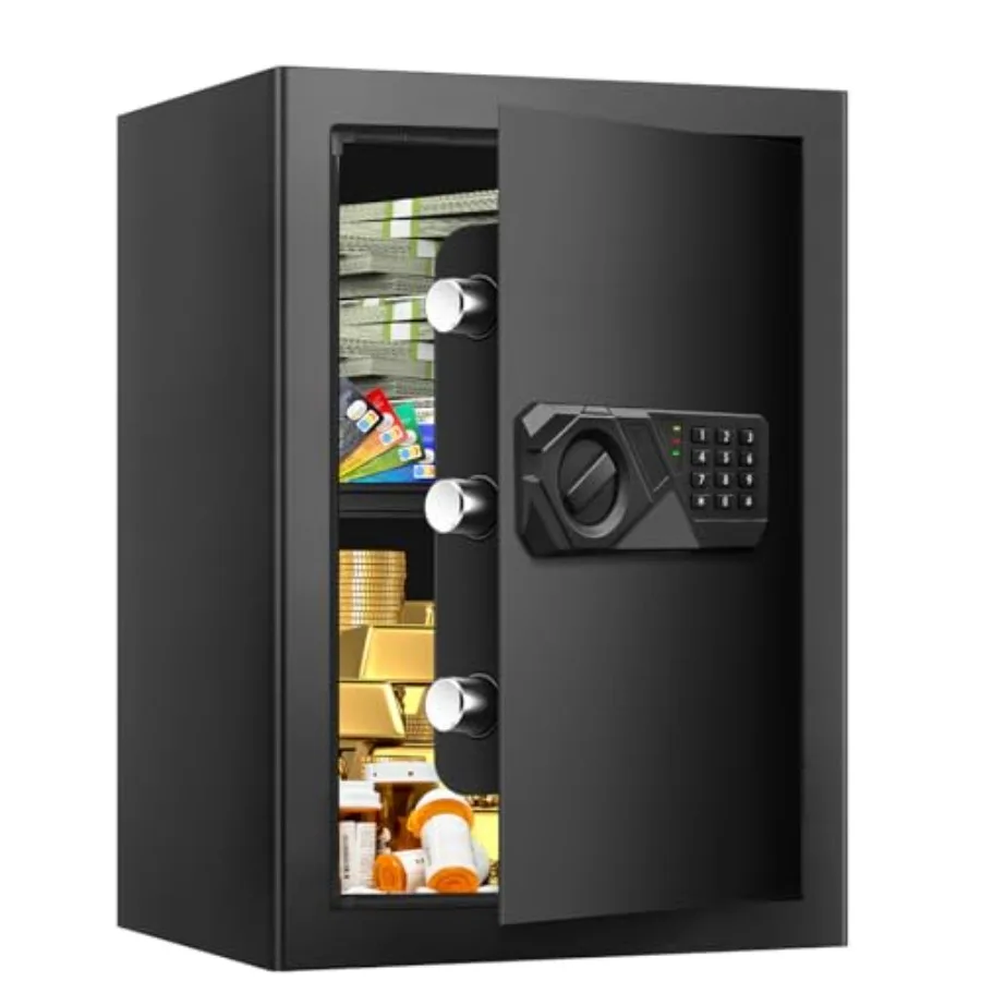 Home use fireproof safe, 3.0 cuft steel construction, black finish, digital keypad with programmable code, backup keys, alarm s