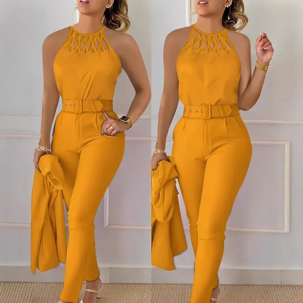 

Casual 2 Piece Sets Womens Outifits Fashion Slim Fit Sleeveless Top Solid Pants with Belt Suit for Female Summer Fall 2024 New