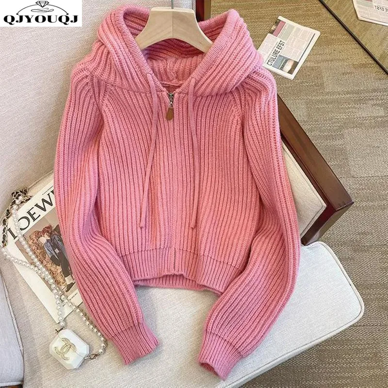 

Autumn and winter new gentle style zipper hooded knitted cardigan slim fit chic long sleeved sweater