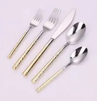 Service For 1-4 Silver Flatware Set With Graduated Gold Pebbled Handles Tableware 5/10/20pcs Silver and Gold handle Cutlery Set