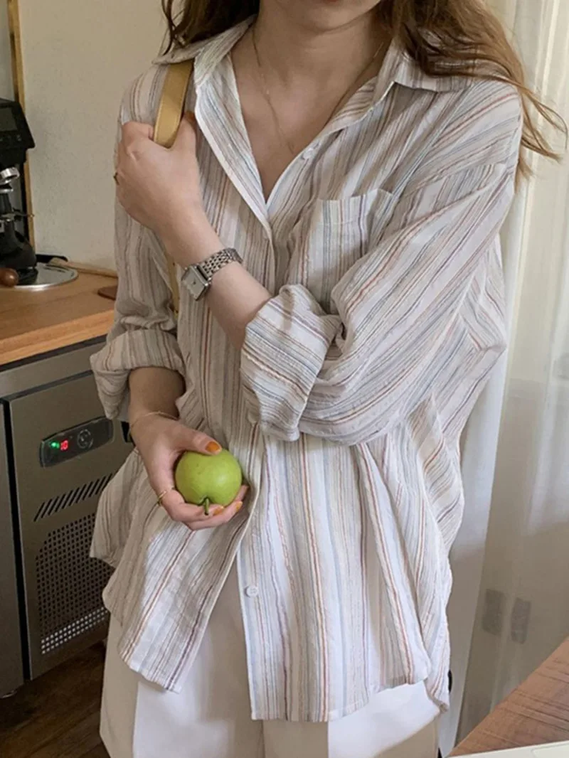 

Korean Vintage Striped Women Shirts Long Sleeve Designed Summer Cotton Loose Button Up Shirt Oversize Female Tops New B9OW