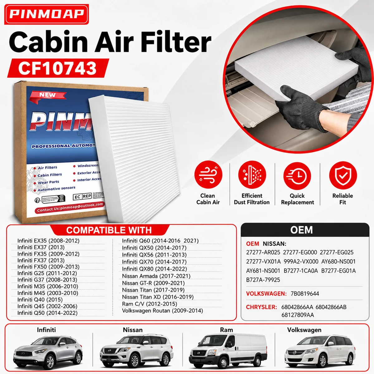 PINMOAP Cabin Filter 27277-AR025 7B0819644 Activated Carbon Air Conditioner Filter Fit For Infiniti EX35 Nissan Titan VW Routan