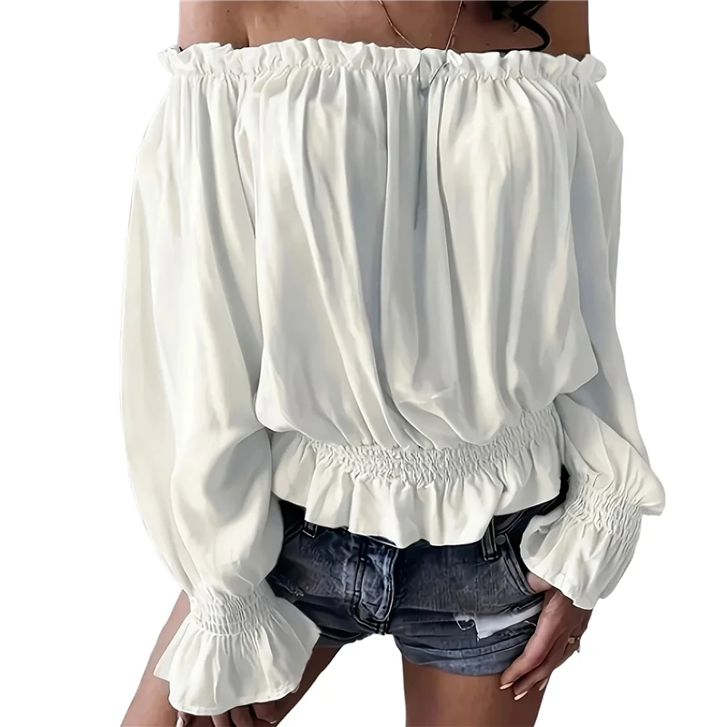 【SEE】エレガントなオフショルダートップス女性用長袖フリルスモックウエストカジュアルパーティーシャツプラスサイズブラウス