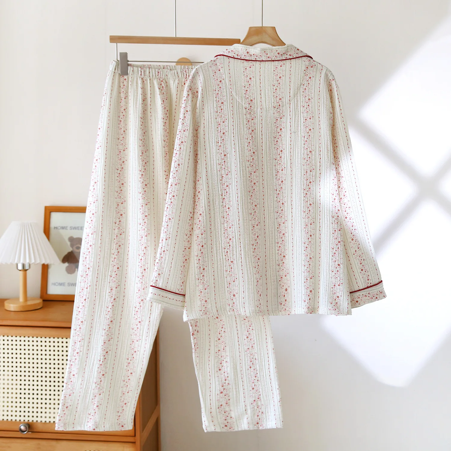 الصيف الخريف القطن طبقة مزدوجة الشاش الأزهار طباعة قميص طويل الأكمام السراويل منامة مجموعة لملابس المنزل النسائية #4