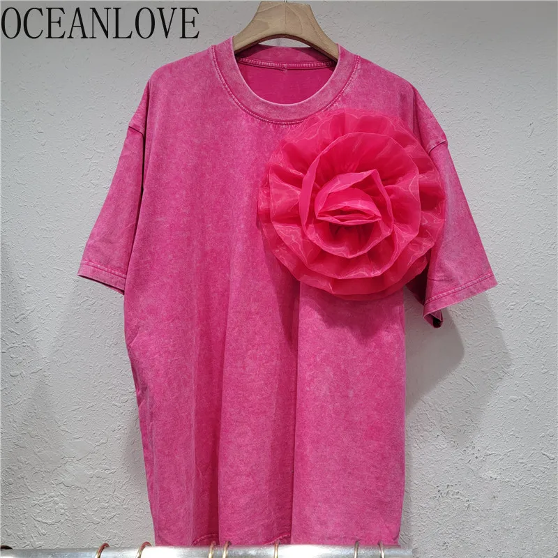 

OCEANLOVE 3D Flowers T Shirt for Women Patchwork Vintage Korean Fashion Ropa De Mujer Spring Summer Elegant Loose Camisetas