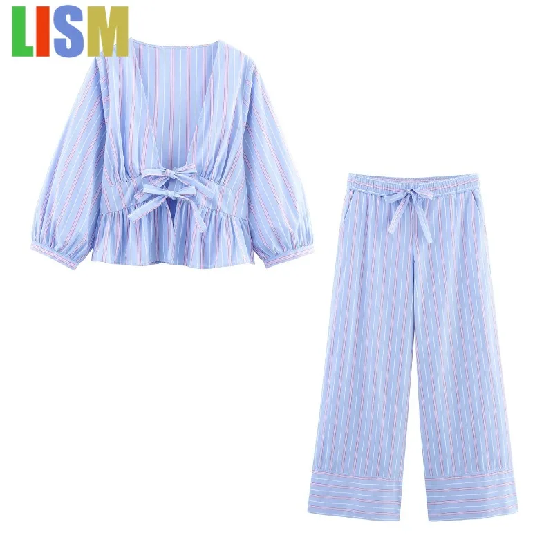 

LISM winter woman outfit Striped Purple Bowtie Women Lantern Sleeve Lace-up Shirt Long Pants Fashion 2025 Summer Pants sets