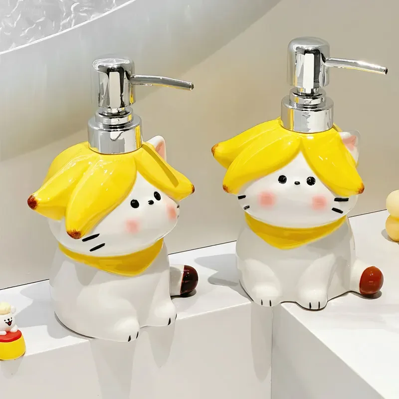 370ml Cartoon Cat Lotion Dispenser Soap Dispenser Bathroom Ceramic Press Type Hand Soap Shower Gel Separate Bottles