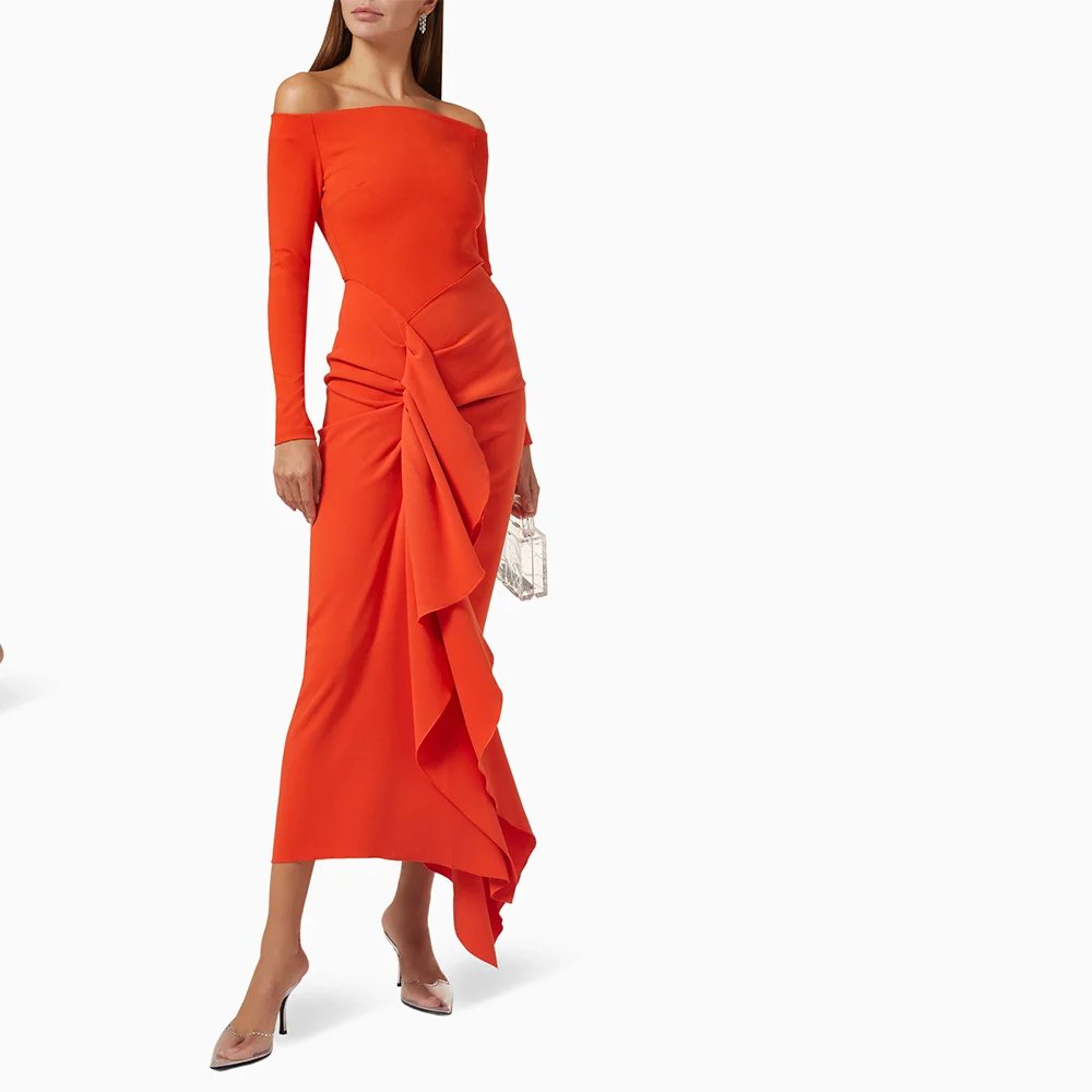 فستان سهرة برتقالي مخصص بدون أكتاف ورقبة قارب غمد لحفلات الكوكتيل وأكمام طويلة من الجيرسيه فساتين حفلة موسيقية ميدي #3