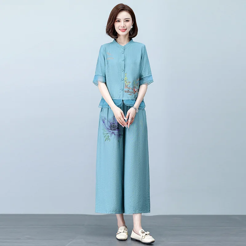 New Elegant short sleeves Top suit Women\'s Clothing Fashion Wide Leg Pants Summer Middle-aged Ethnic Cotton Linen Two-piece Set