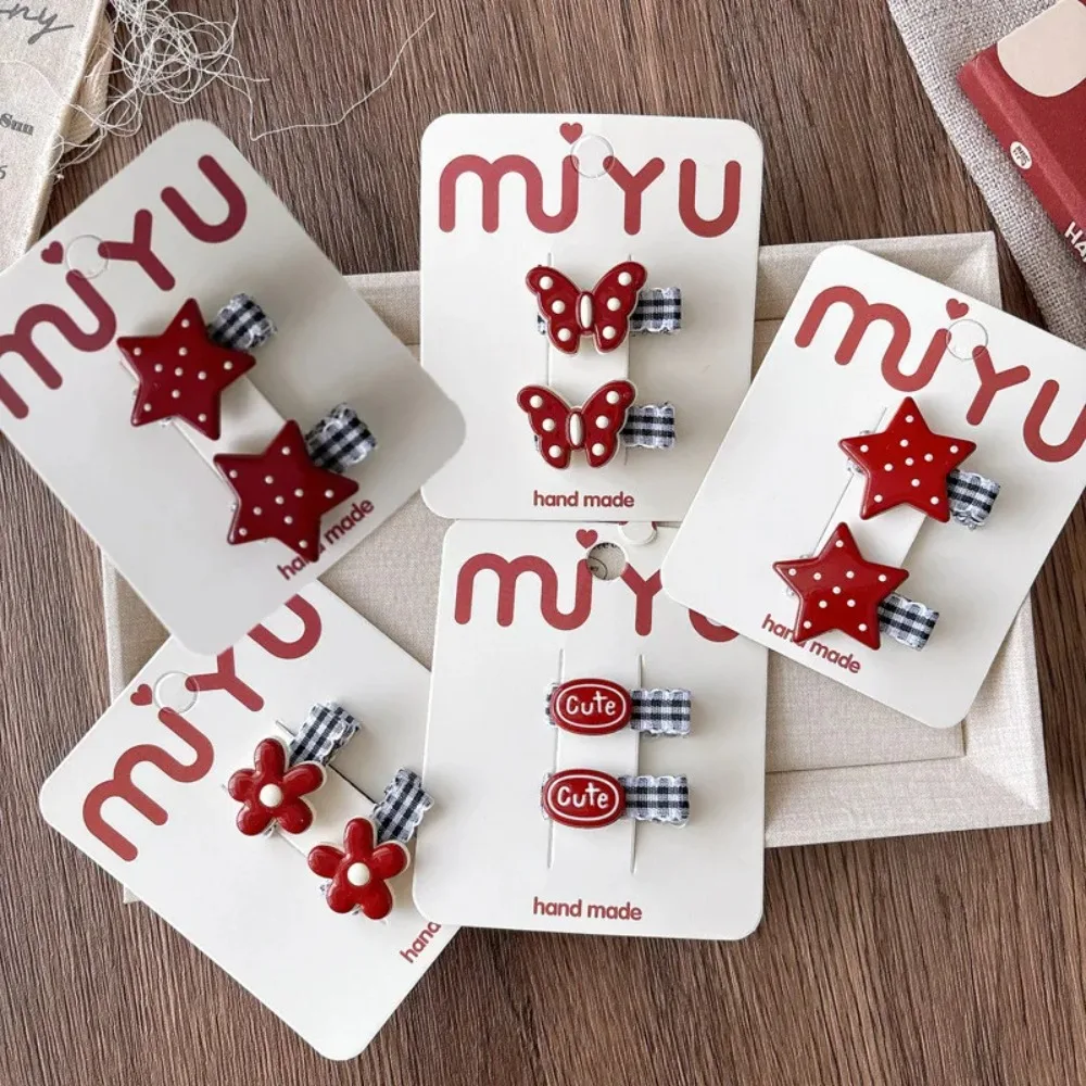 2pcs Duckbill Hair Clips Kids Girls Korean Red Plaid Barrettes Bangs BB Pins Lace Cherry Embroidery Sweet Baby Toddler Headwear