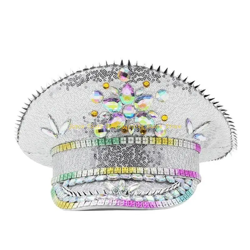 

Sequins Bride Hat for Dancing Party Glitter Fedora Cap Music Festival Women Costume Cap Studded Captain Hat 10CD