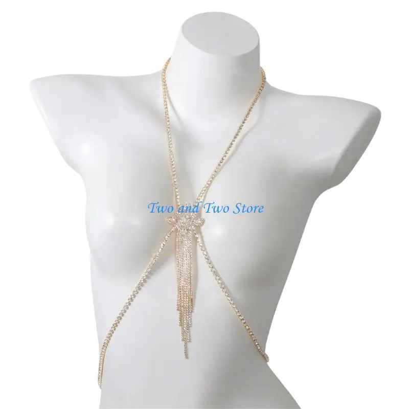 HX6F Shimmering Rhinestones Chest Chain Body Jewelry Fringed Body Chain for Women