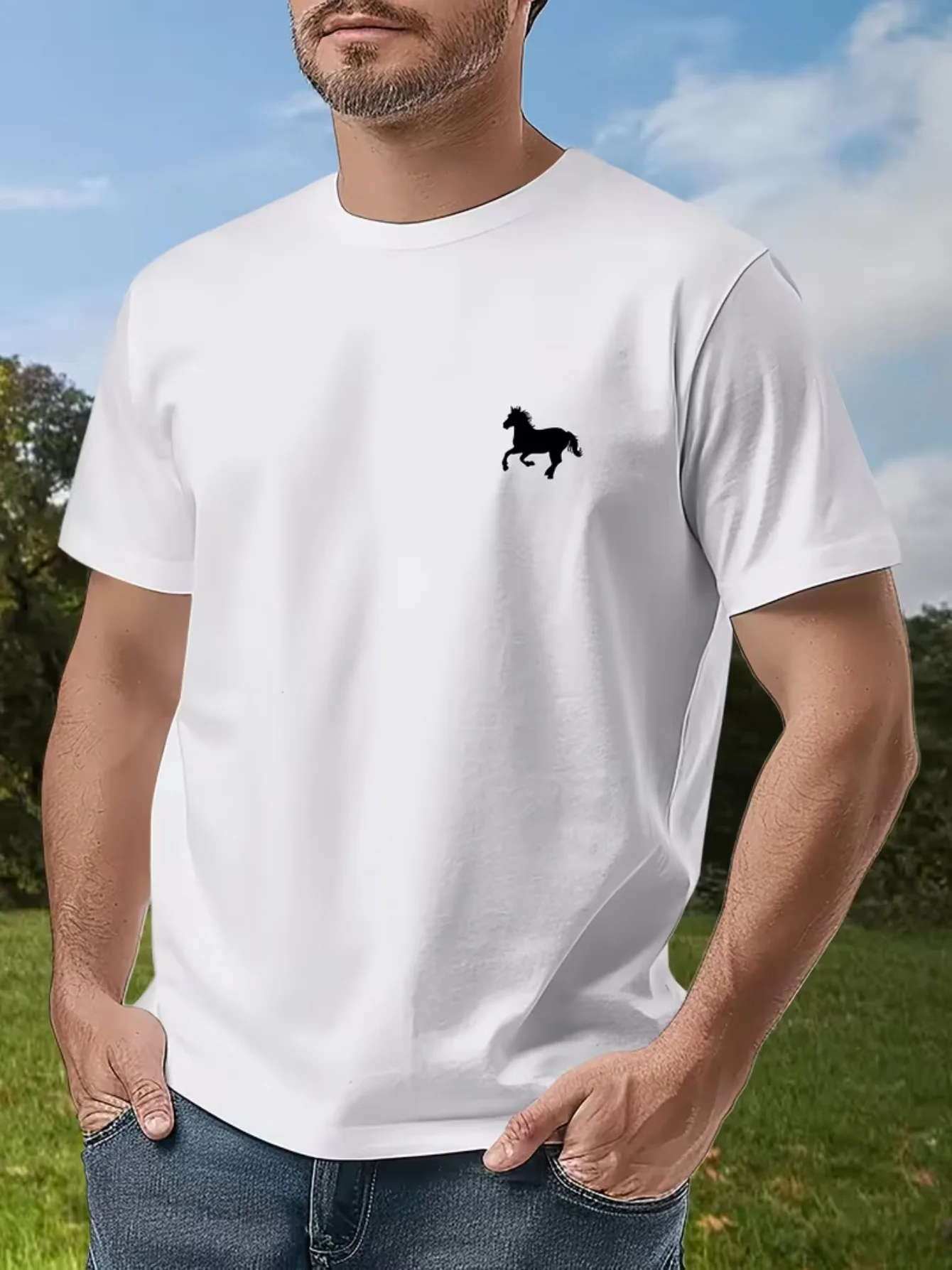 Men'S T-Shirt Featuring a Horse Silhouette Logo Print, Designed for Outdoor Equestrian Style, Offering a Easy Yet Sophisticated