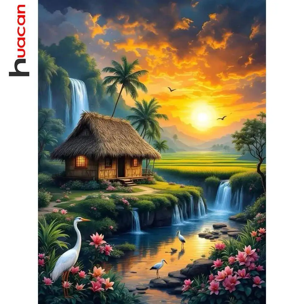 Huacan Diamant-Malerei, Kunsthandwerk, Haus, Wasserfall, Tier, Sonnenuntergang, Landschaft, voll rund, quadratisch, Diamant-Mosaik, Heimdekoration