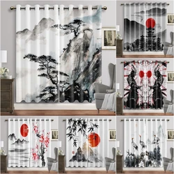 Chinese Traditional Ink Paint Landscape Window Curtain Blinds For Living Room Kids Bedroom Bathroom Kicthen Door Home Decor2Pcs