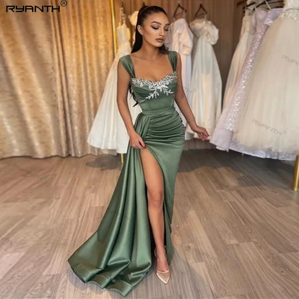 Ryanth Olive Green Prom Dress Spaghetti Straps Appliques Satin Mermaid High Slit Long Evening Dress Special Occasion Dresses