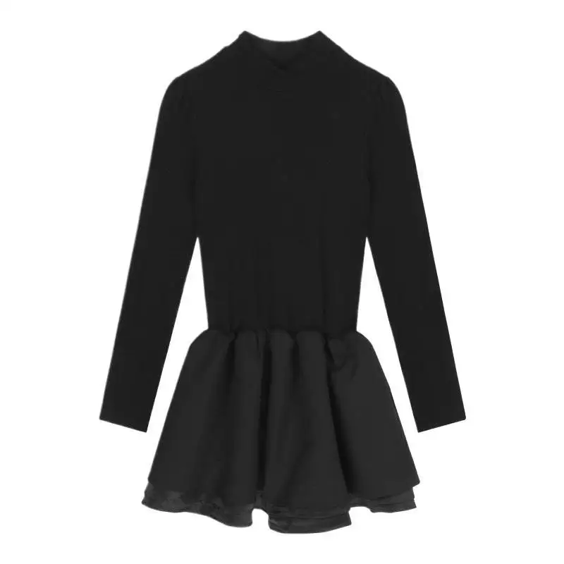 ชุดเดรสไหมพรมแขนยาวคอปกทรงเอวสูงสไตล์ฝรั่งเศส แต่งผ้าปะต่อ ทรงเข้ารูป สำหรับฤดูใบไม้ร่วง-ฤดูหนาว ปี 2025 กระโปรงสั้นสีดำทรงบอลกาวน์สำหรับผู้หญิง