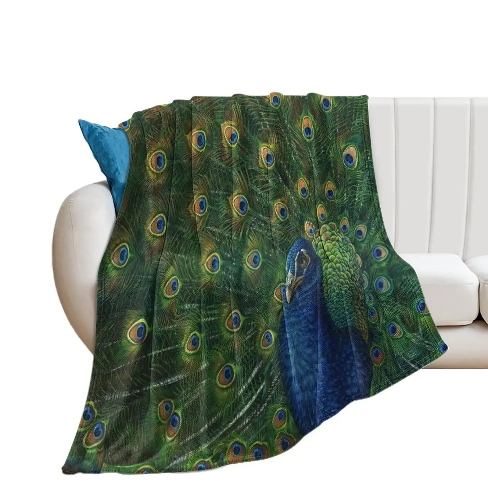 

Big Blue Peacock fan tail painting Throw Blanket Beach Retros christmas decoration Sleeping Bag Blankets