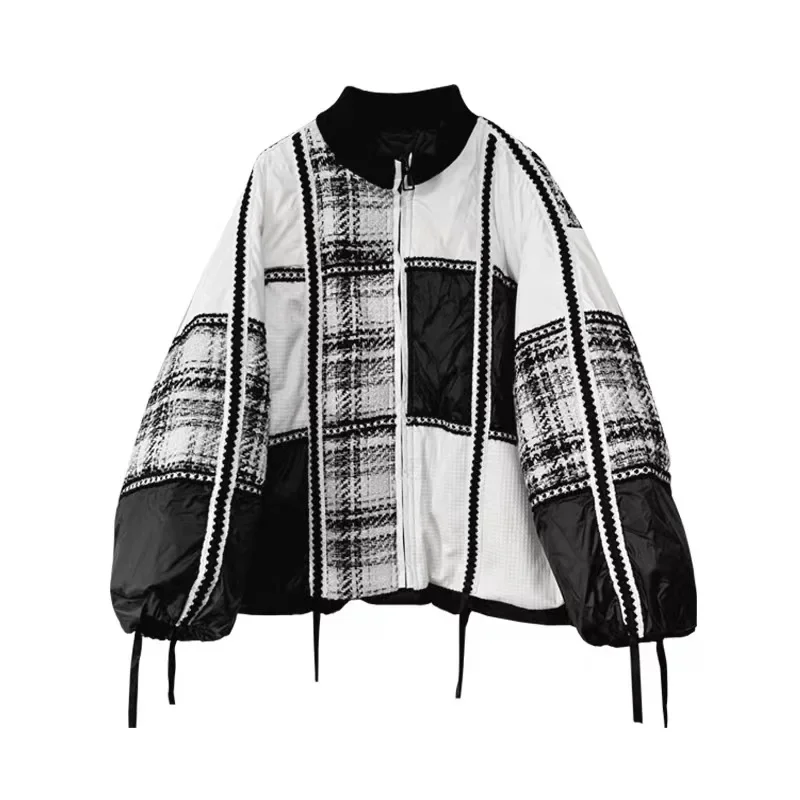 Plaid Women Winter Coats Tweed Spliced Chic Down Jacket Stand Zipper Black White Color Clash Clothes Stylish Checkered Overcoat