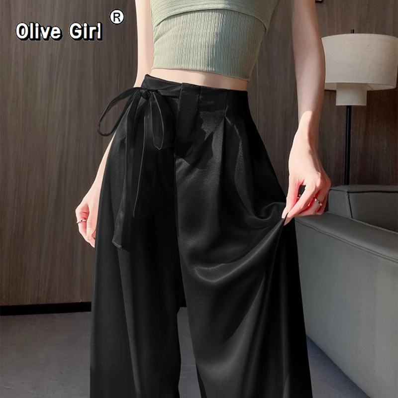 بنطلون نسائي عالي الخصر أنيق من الساتان واسع الساق كامل الطول سروال وشاحات 2026 برباط عالي الخصر بنطلون فضفاض غير رسمي أنثى #4