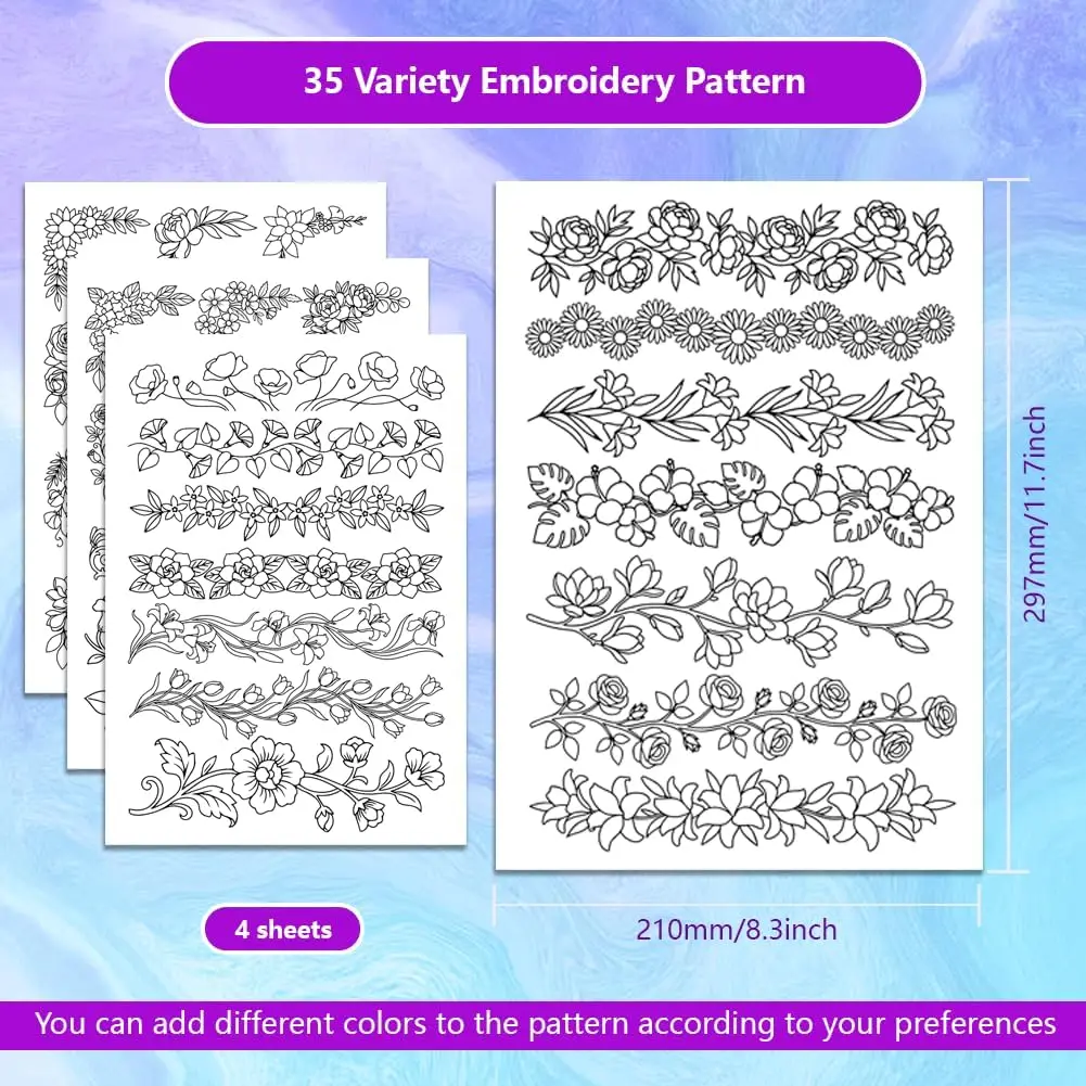 Pre-Printed Large Floral Border & Corner Stick and Stitch Embroidery Paper Water Soluble Wash Away Stabilizer for Embroidery DIY