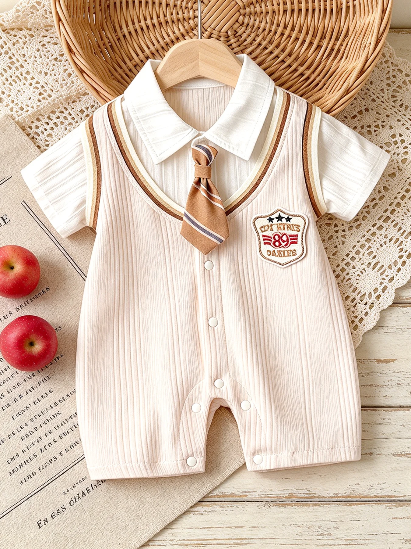 College-Style Girls' Baby Rompers for Spring/Summer: Collared with Bow Tie, 0–12 Months—Stylish Outfits for Outdoor Photoshoots