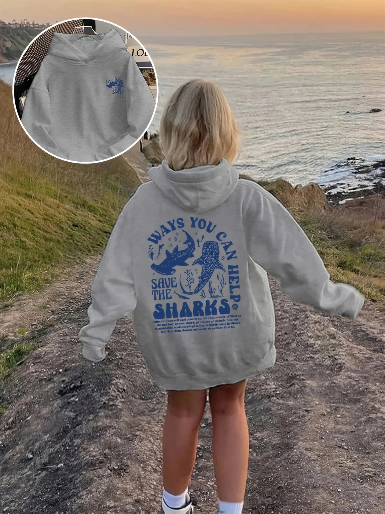 Women's Shark Graphic Hooded Sweatshirt Funny _Shark Week_ Slogan and Marine Life Print Pullover, Casual Outdoor Long Sleeve