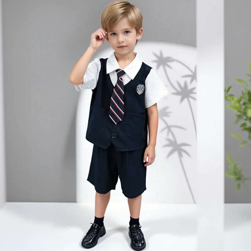 

Trendy School Uniform for Boys British Style Fake 2-Piece 2026 Summer Kids Clothes Set Children Formal Events Performance Outfit