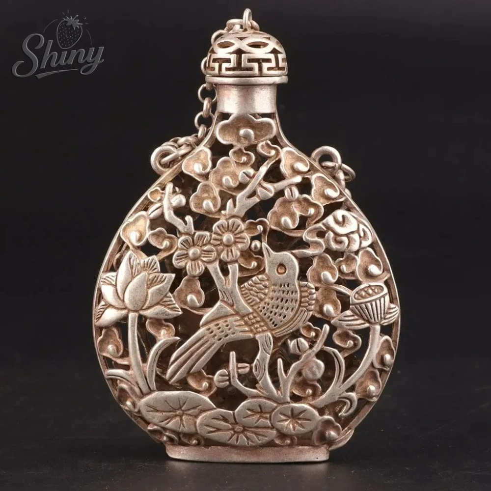 

China Tibet Silver Pendant Snuff Bottle Hollowed Out Crane Mascot Gift Collection