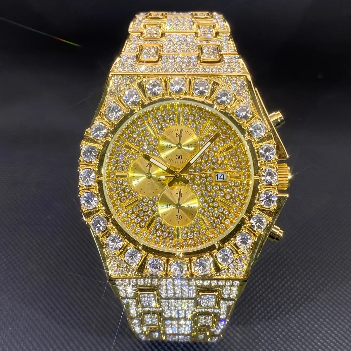 Men's fully embellished watch with chain link shaped strap, gorgeous and fashionable style