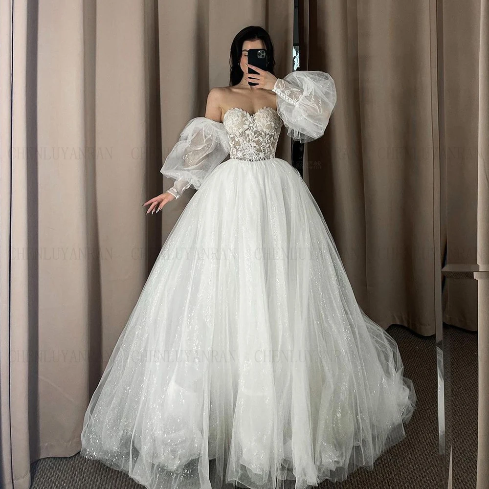 Sparkle Tulle Wedding Dresses Sweetheart Applique Sexy Bride Dresses Puff Sleeves Long Dresses For Women 2025 Robe De Mariée