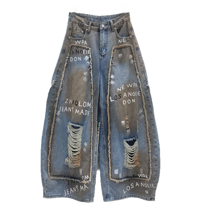 WTHT Trendy 2026 Summer Women Patchwork Letter Graffiti hole Straight Jeans Loose Burr Edge Denim Denim Pants Female 1LS3064